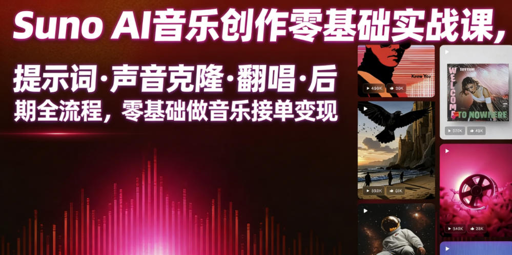 Suno AI音乐创作实战课，提示词・声音克隆・翻唱・后期全流程，零基础做音乐接单变现-极客网创