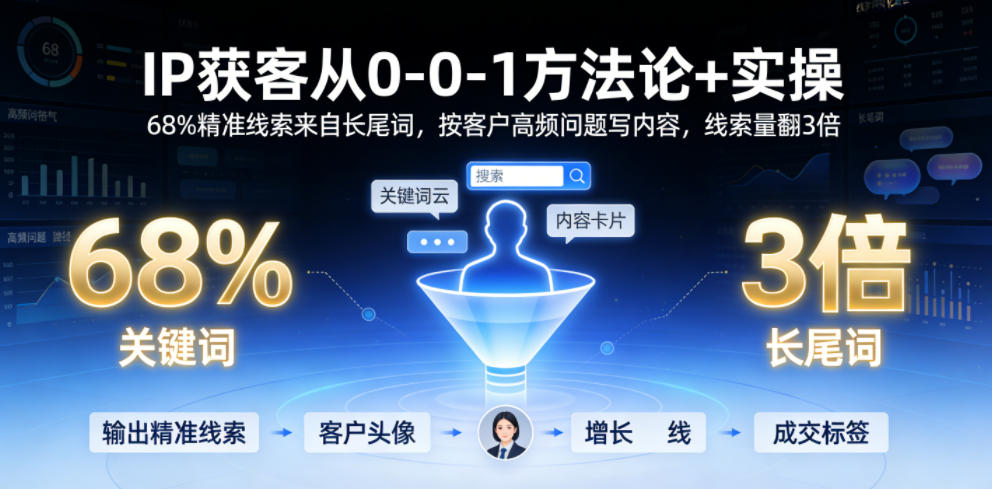 IP获客从0-1方法论+实操,68%精准线索来自长尾词,按客户高频问题写内容,线索量翻3倍-极客网创
