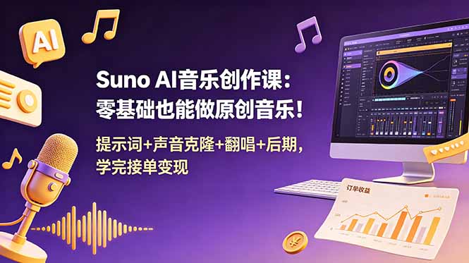 Suno AI音乐创作课：零基础也能做原创音乐！提示词+声音克隆+翻唱+后期，学完接单变现-极客网创