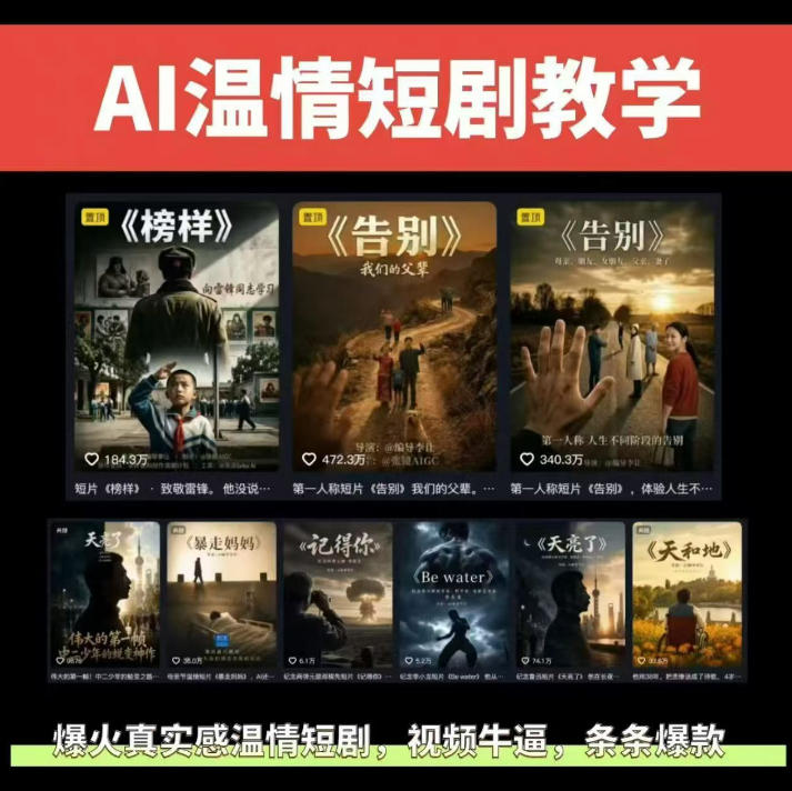 抖音58W粉丝博主的AI温情短剧玩法，条条爆款，伙伴计划+精选独家收益，商单收徒等(更新6月)-极客网创
