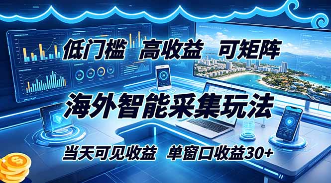 海外智能采集玩法,低门槛高单价可矩阵,当天可见收益,单窗口30+-极客网创