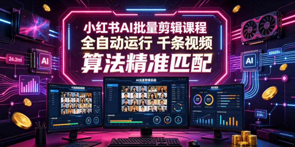 小红书AI批量剪辑课程,24小时全自动运行,解放双手专注运营,千条视频批量处理,小红书算法精准匹配-极客网创