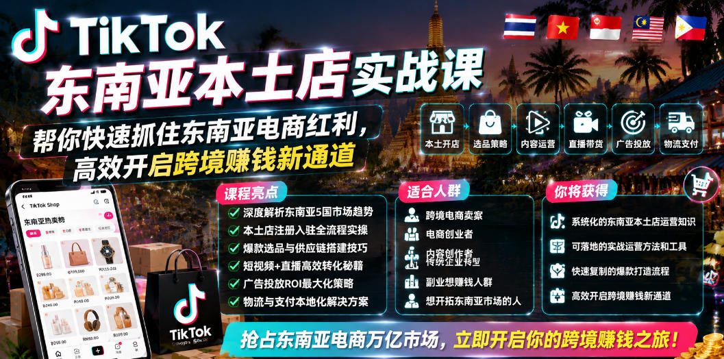 TikTok东南亚本土店实战课,帮你快速抓住东南亚电商红利,高效开启跨境賺钱新通道-极客网创