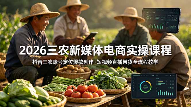 2026三农新媒体电商实操课程：抖音三农账号定位爆款创作，短视频直播带货全流程教学-极客网创