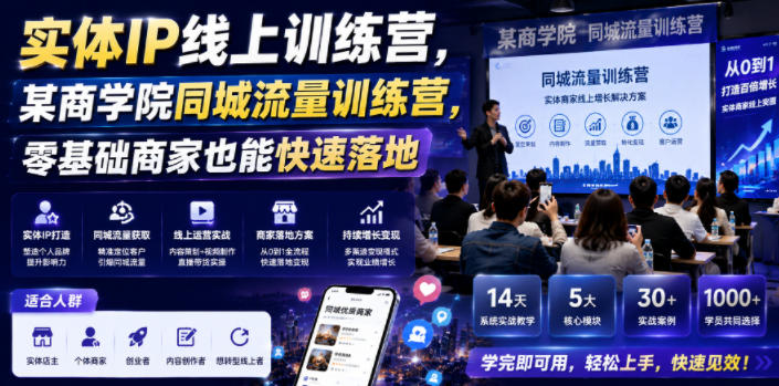 实体IP线上训练营，某商学院同城流量训练营，零基础商家也能快速落地-极客网创