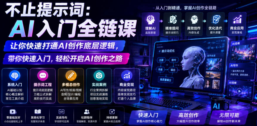 不止提示词：AI入门全链课，让你快速打通AI创作底层逻辑，带你快速入门，轻松开启AI创作之路-极客网创