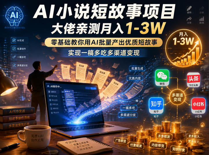 AI小说短故事项目,大佬亲测月入1-3W,零基础教你用AI批量产出优质短故事,实现一稿多吃多渠道变现(更新0624)-极客网创