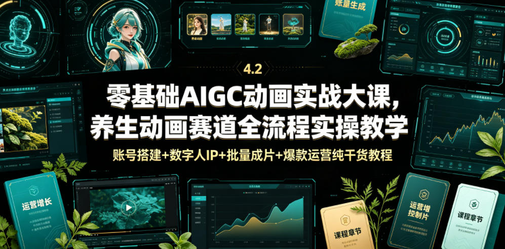 零基础AIGC动画实战大课，养生动画赛道全流程实操教学，账号搭建+数字人IP+批量成片+爆款运营纯干货教程-极客网创