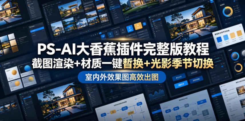 PS-AI大香蕉插件完整版教程，截图渲染+材质一键替换+光影季节切换，室内外效果图高效出图高阶课程-极客网创