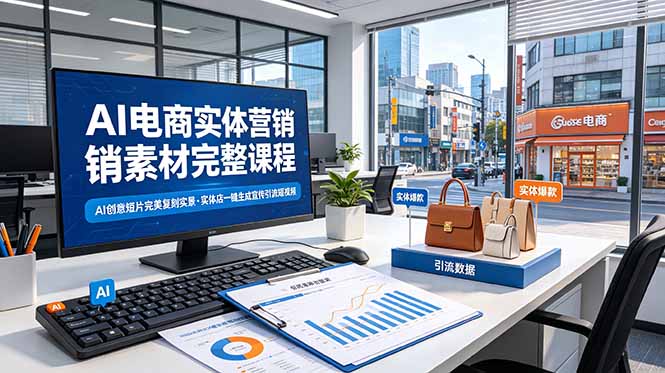 AI电商实体营销素材完整课程，AI创意短片完美复刻实景，实体店一键生成宣传引流短视频-极客网创