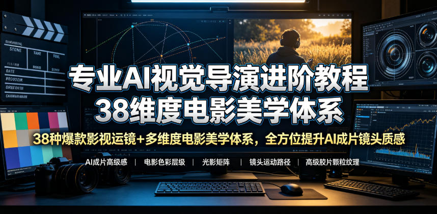 专业AI视觉导演进阶教程，38种爆款影视运镜+多维度电影美学体系，全方位提升AI成片高级感与镜头质感-极客网创