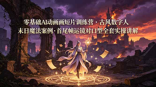 零基础AI动画短片训练营，古风数字人末日魔法案例，首尾帧运镜对口型全套实操讲解-极客网创