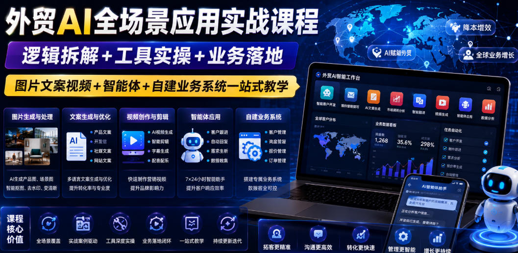 外贸AI全场景应用实战课程|逻辑拆解+工具实操+业务落地,图片文案视频+智能体+自建业务系统一站式教学-极客网创