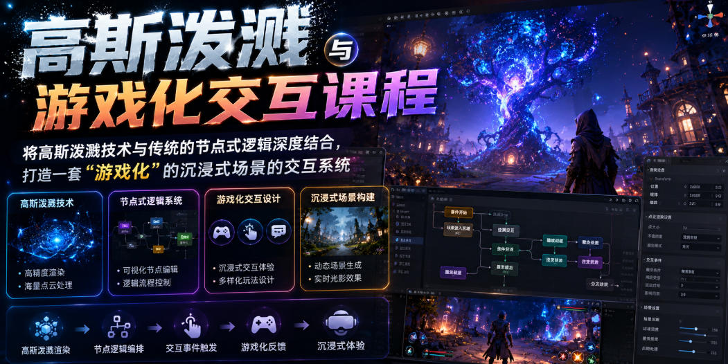 高斯泼溅与游戏化交互课程，将高斯泼溅技术与传统的节点式逻辑深度结合，打造一套“游戏化”的沉浸式场景的交互系统-极客网创