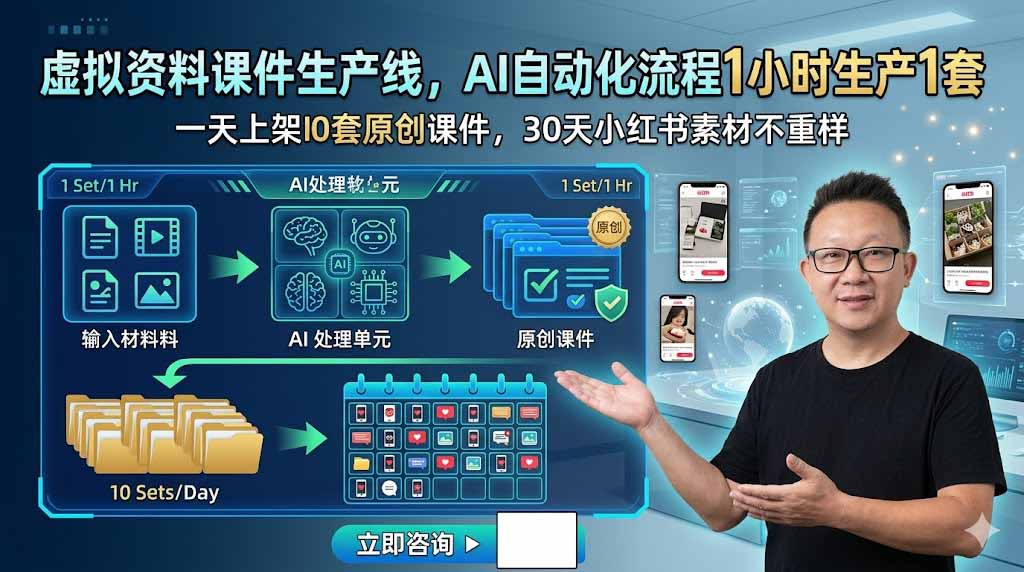 虚拟资料课件生产线，AI自动化流程1小时生产1套，一天上架10套原创课件，30天小红书素材不重样-极客网创