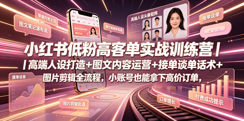 小红书低粉高客单实战训练营｜高端人设打造+图文内容运营+接单谈单话术+图片剪辑全流程，小账号也能拿下高价订单-极客网创