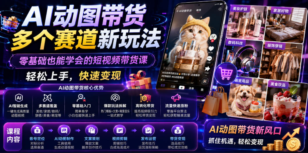 AI动图带货多个赛道新玩法，零基础也能学会的短视频带货课，轻松上手，快速变现-极客网创