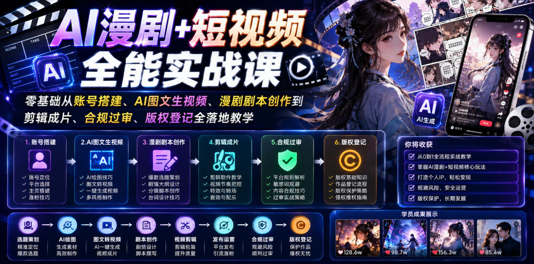 AI漫剧+短视频全能实战课｜零基础从账号搭建、AI图文生视频、漫剧剧本创作到剪辑成片、合规过审、版权登记全落地教学-极客网创