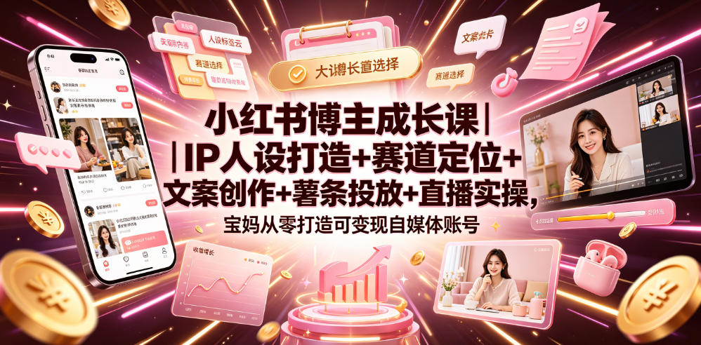 小红书博主成长课｜IP人设打造+赛道定位+文案创作+薯条投放+直播实操，宝妈从零打造可变现自媒体账号-极客网创