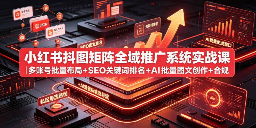 小红书抖图矩阵全域推广系统实战课｜多账号批量布局+SEO关键词排名+AI批量图文创作+合规私域导流完整落地教程-极客网创