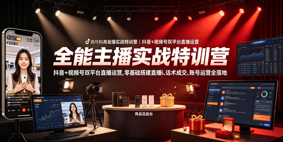 全能主播实战特训营|抖音+视频号双平台直播运营,零基础搭建直播间、精准选品、话术成交、账号运营全落地-极客网创