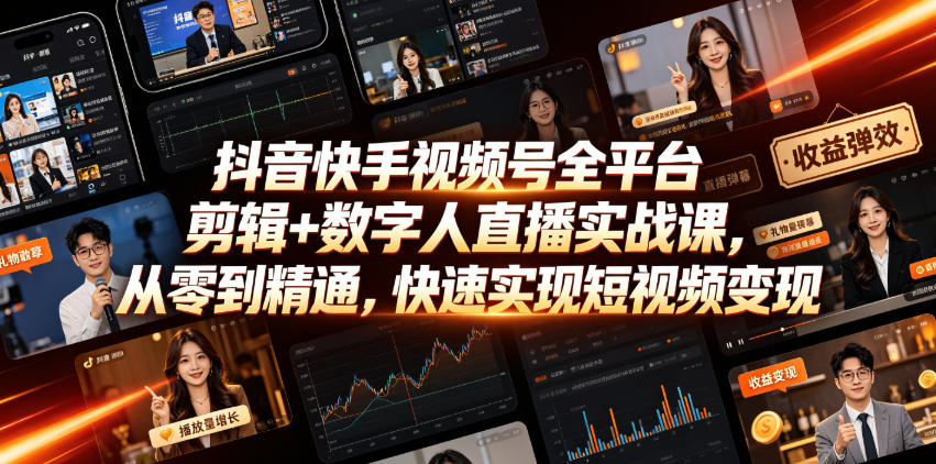 抖音快手视频号全平台剪辑+数字人直播实战课，从零到精通，快速实现短视频变现(更新2026年6月)​-极客网创