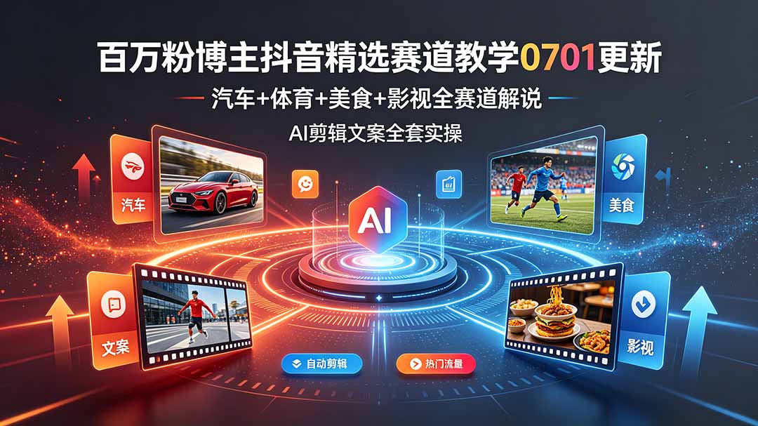 百万粉博主抖音精选赛道教学-0701更新,汽车+体育+美食+影视全赛道解说,AI剪辑文案全套实操-极客网创