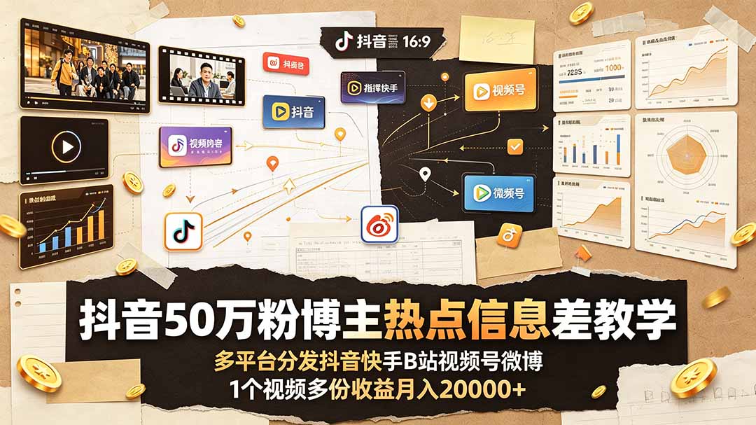 抖音50万粉博主热点信息差教学：多平台分发抖音快手B站视频号微博，1个视频多份收益月入20000+-极客网创