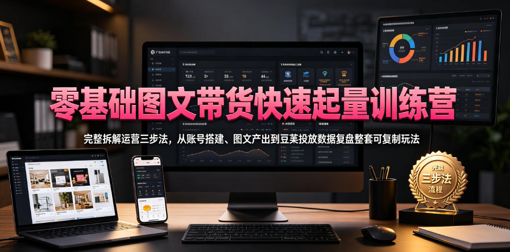 零基础图文带货快速起量训练营，完整拆解运营三步法，从账号搭建、图文产出到豆荚投放数据复盘整套可复制玩法-极客网创