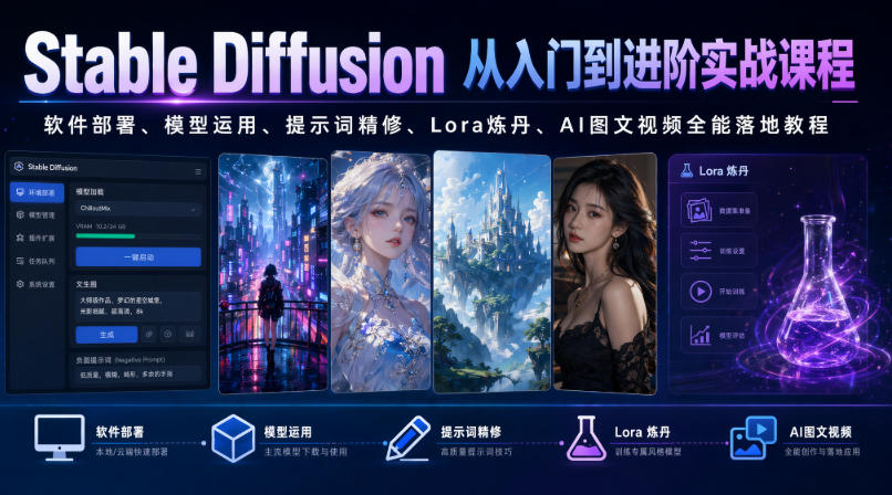 Stable Diffusion从入门到进阶实战课程｜软件部署、模型运用、提示词精修、Lora炼丹、AI图文视频全能落地教程-极客网创