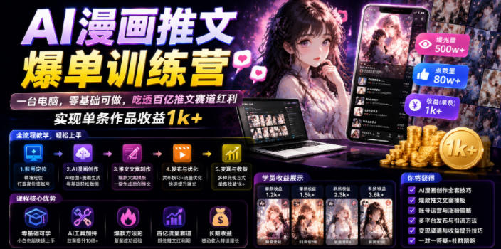 AI漫画推文爆单训练营,一台电脑,零基础可做,吃透百亿推文赛道红利,实现单条作品收益1k+-极客网创