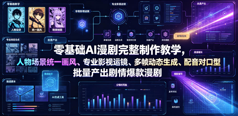 零基础AI漫剧完整制作教学，人物场景统一画风、专业影视运镜、多帧动态生成、配音对口型，批量产出剧情爆款漫剧-极客网创