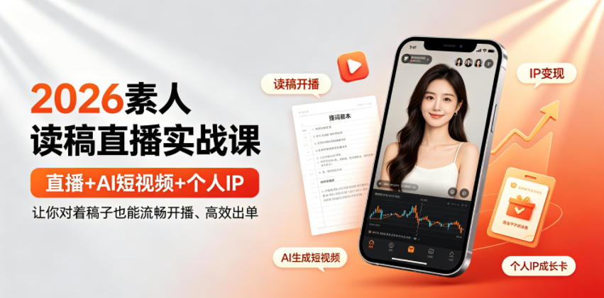 2026素人读稿直播实战课｜直播+AI短视频+个人IP，让你对着稿子也能流畅开播、高效出单-极客网创