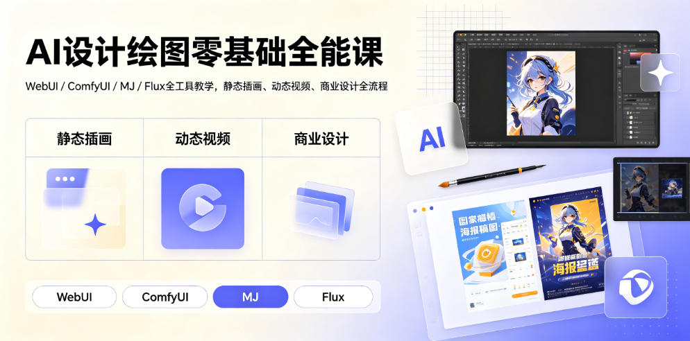 AI设计绘图零基础全能课|WebUI/ComfyUI/MJ/Flux全工具教学,静态插画、动态视频、商业设计全流程-极客网创