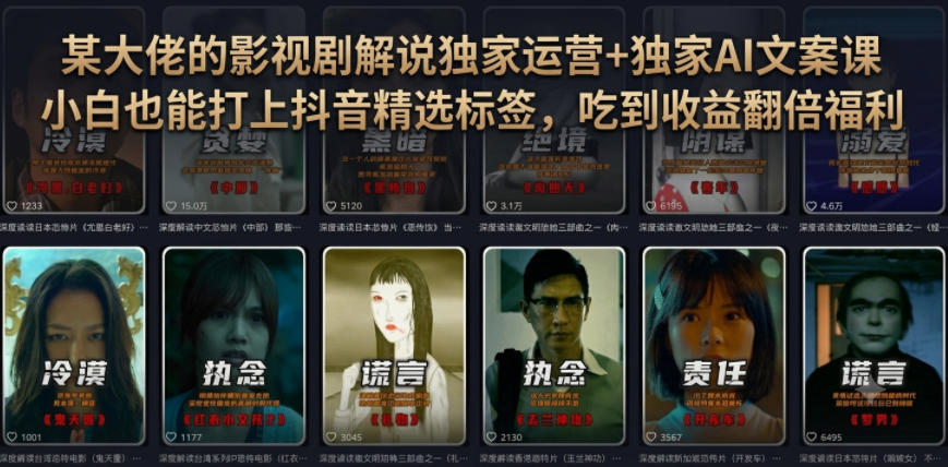 某大佬的影视剧解说独家运营+独家AI文案课，小白0粉丝也能快速打上抖音精选标签、吃到收益翻倍福利-极客网创