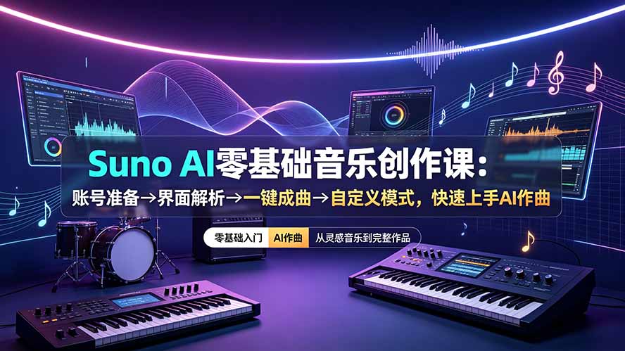 Suno AI零基础音乐创作课:账号准备→界面解析→一键成曲→自定义模式,快速上手AI作曲-极客网创