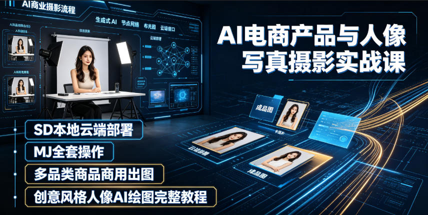 AI电商产品与人像写真摄影实战课|SD本地云端部署、MJ全套操作、多品类商品商用出图、创意风格人像AI绘图完整教程-极客网创