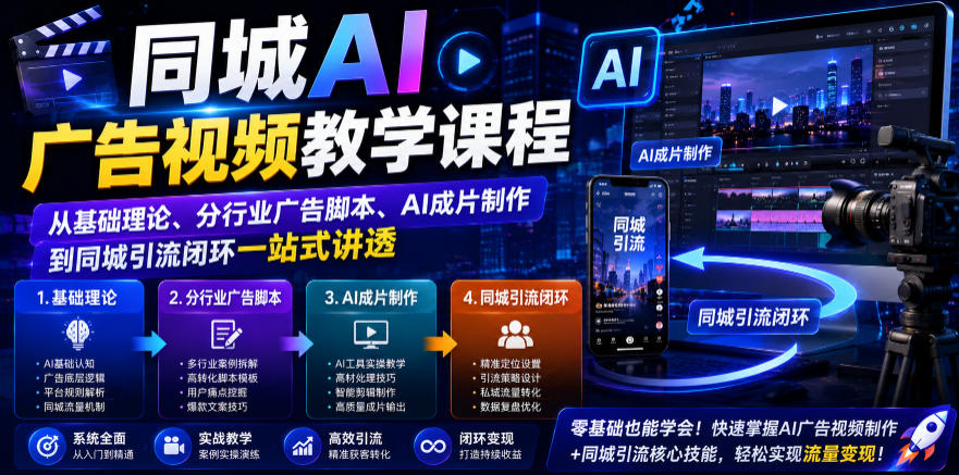 同城AI广告视频教学课程，从基础理论、分行业广告脚本、AI成片制作到同城引流闭环一站式讲透-极客网创