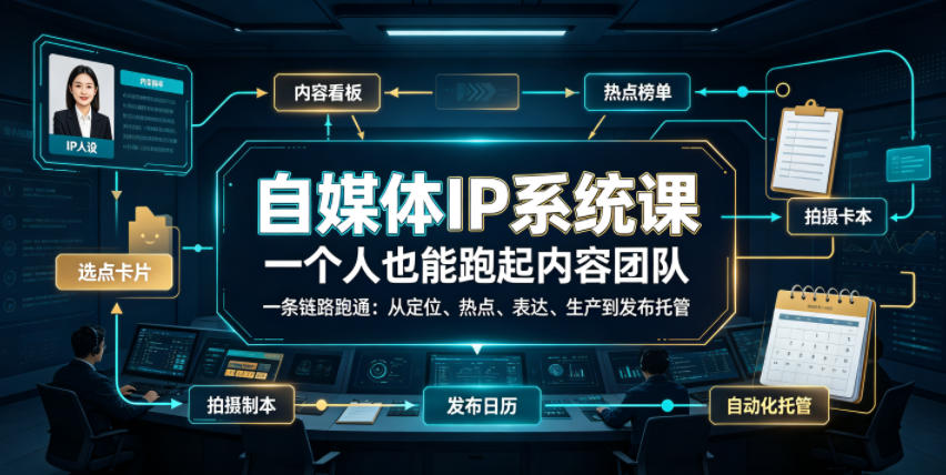 自媒体IP系统课，一个人也能跑起内容团队，一条链路跑通，从定位、热点、表达、生产到发布托管-极客网创