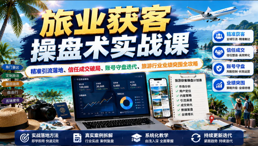旅业获客操盘术实战课｜精准引流落地、信任成交破局、账号守盘迭代、旅游行业业绩突围全攻略-极客网创