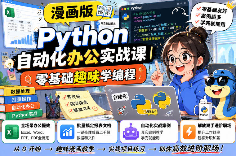 漫画版Python自动化办公实战课|零基础趣味学编程,全场景办公提效、批量搞定报表文档、解放双手进阶职场-极客网创