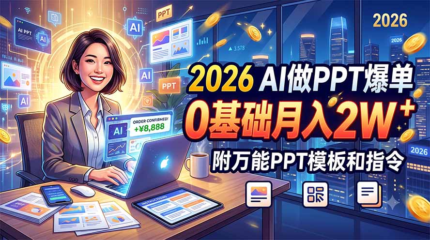 2026 AI做PPT爆单，0基础月入2W，附万能PPT模板和指令-极客网创