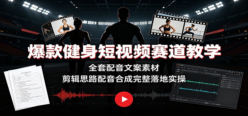 爆款健身短视频赛道教学：全套配音文案素材，剪辑思路配音合成完整落地实操-极客网创