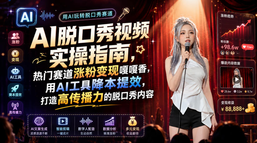 AI脱口秀视频实操指南,热门赛道涨粉变现嘎嘎香,用AI工具降本提效,打造高传播力的脱口秀内容-极客网创