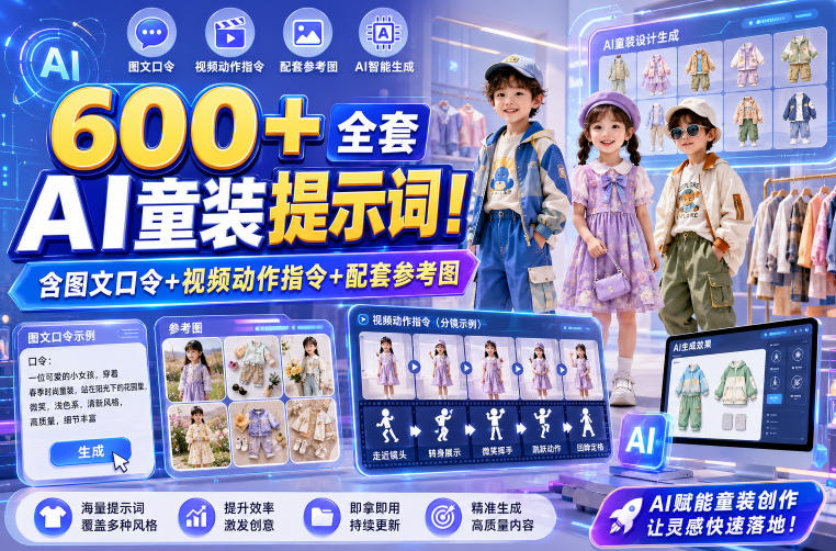 600+全套AI童装提示词！含图文口令+视频动作指令+配套参考图，Word-Excel规整分类，童装电商、种草无脑量产内容！-极客网创