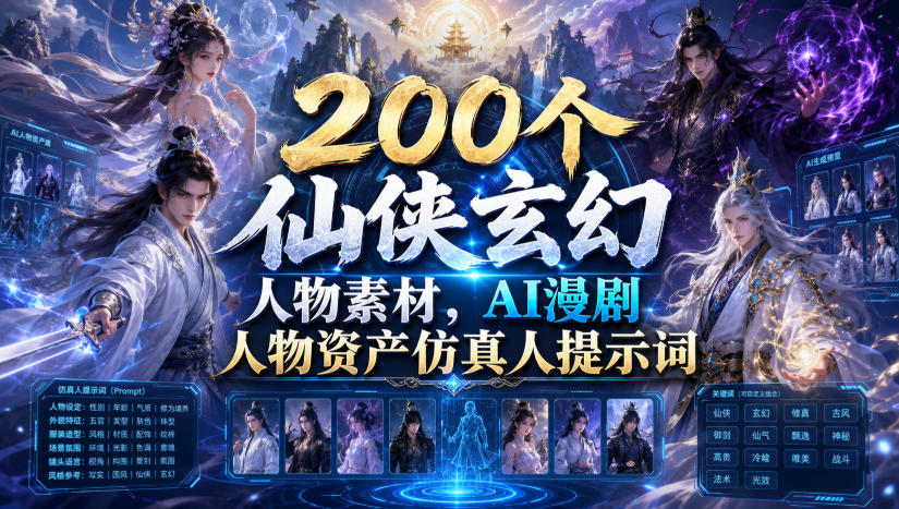 200个仙侠玄幻人物素材，AI漫剧人物资产仿真人提示词-极客网创