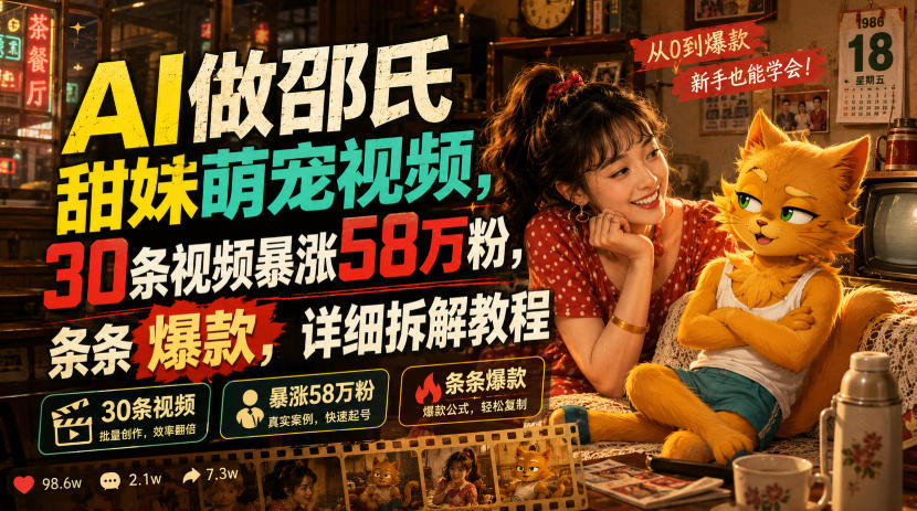 AI做邵氏甜妹萌宠视频，30条视频暴涨58万粉，条条爆款，详细拆解教程-极客网创