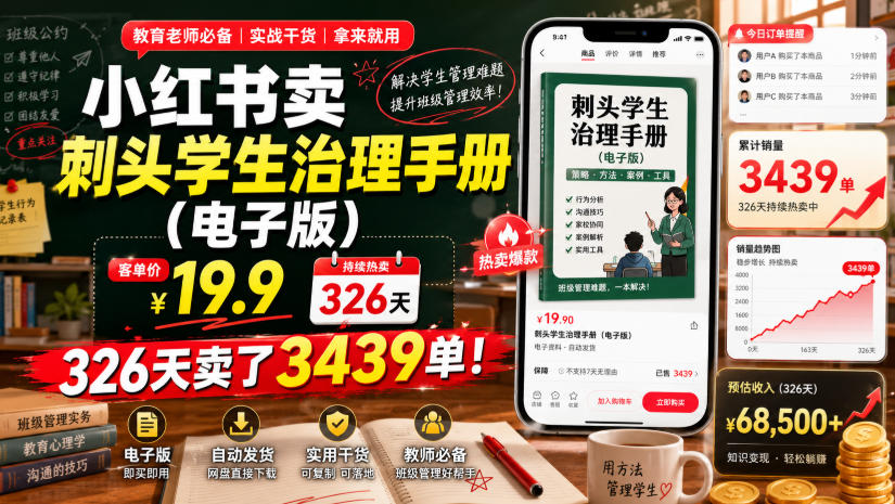 小红书卖刺头学生治理手册(电子版)，客单价19.9，326天卖了3439单！-极客网创