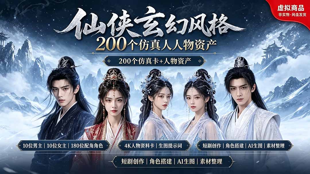200个仙侠玄幻仿真人素材◆10男主×10女主×180配角，4K资料卡+AI生图提示词，漫剧必备-极客网创