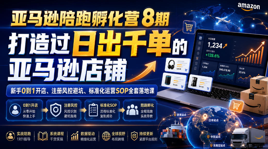 亚马逊陪跑孵化营8期，打造过日出千单的亚马逊店铺，新手0到1开店、注册风控避坑、标准化运营SOP全套落地课-极客网创